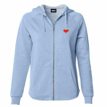 Dalix Pixel Heart Embroidered Fleece Zip Washed Hoodie Cold Fall Winter Women in Misty Blue 2XL XX-Large