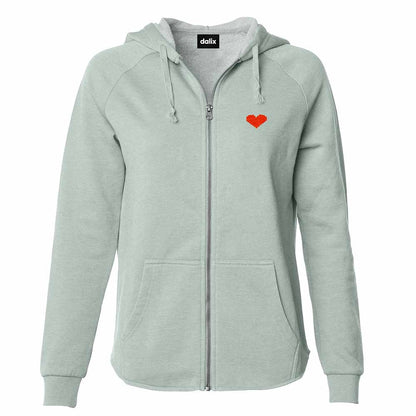 Dalix Pixel Heart Embroidered Fleece Zip Washed Hoodie Cold Fall Winter Women in Sage 2XL XX-Large