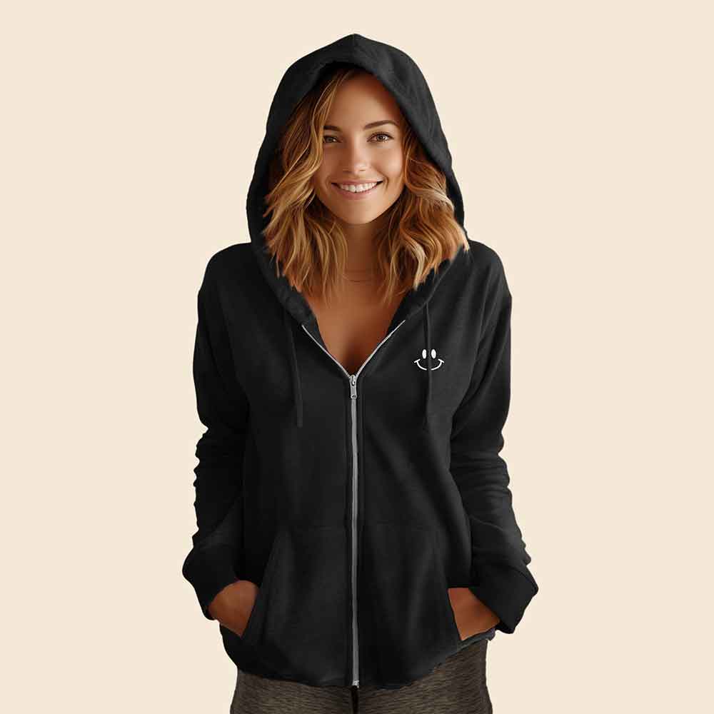 Dalix Smile Face Embroidered Fleece Zip Washed Hoodie Cold Fall Winter Women in Black 2XL XX-Large