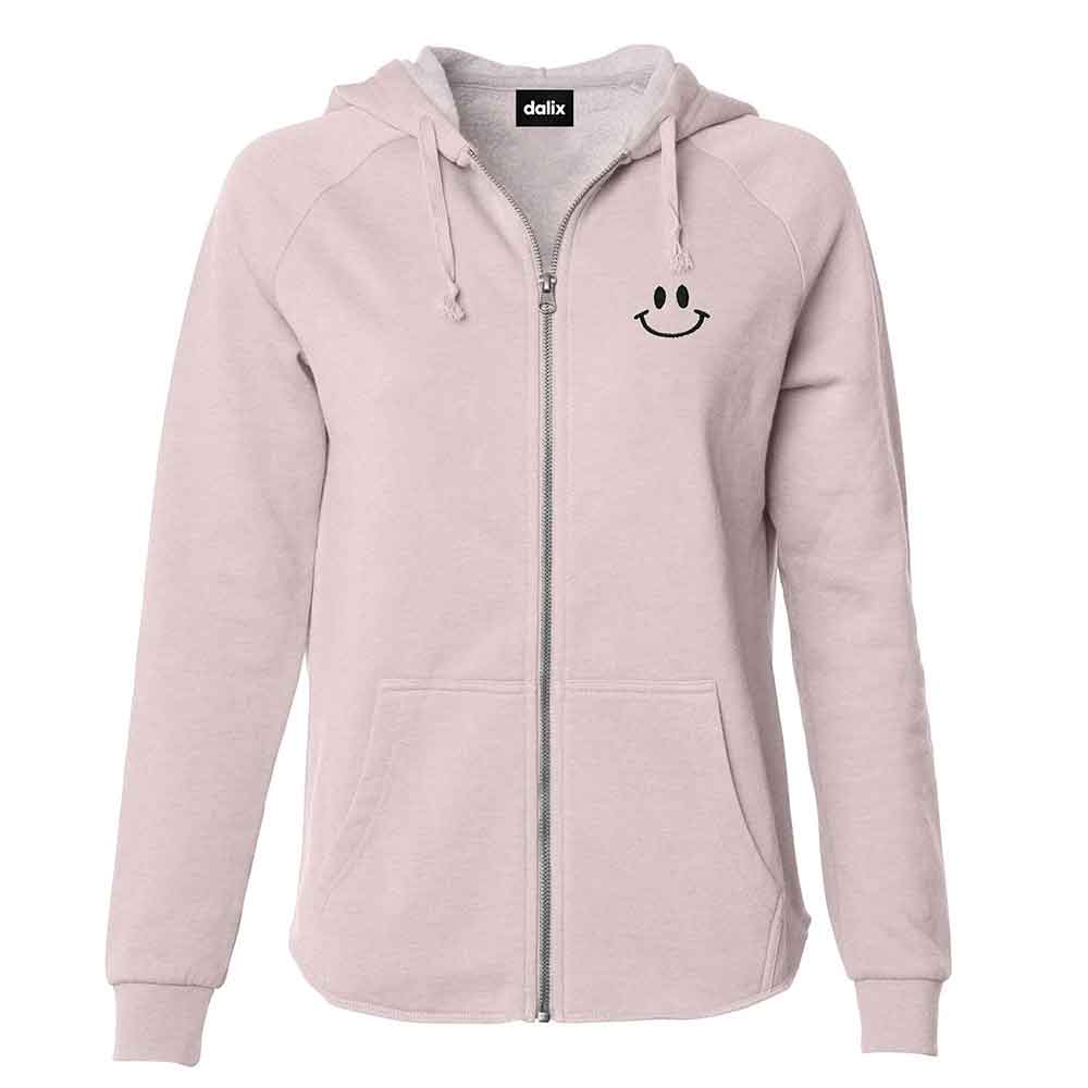 Dalix Smile Face Embroidered Fleece Zip Washed Hoodie Cold Fall Winter Women in Blush 2XL XX-Large