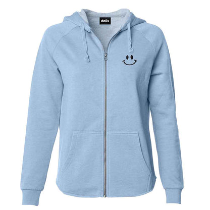 Dalix Smile Face Embroidered Fleece Zip Washed Hoodie Cold Fall Winter Women in Misty Blue 2XL XX-Large