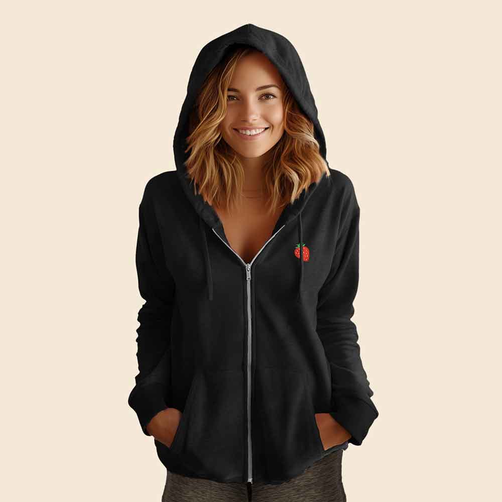 Dalix Strawberry Embroidered Fleece Zip Washed Hoodie Cold Fall Winter Women in Black 2XL XX-Large