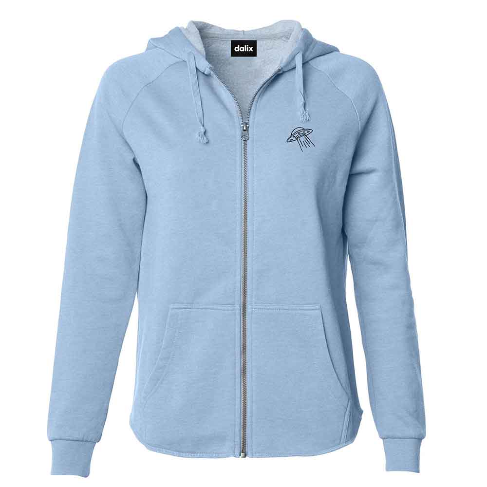 Dalix UFO Embroidered Fleece Zip Washed Hoodie Cold Fall Winter Women in Misty Blue 2XL XX-Large