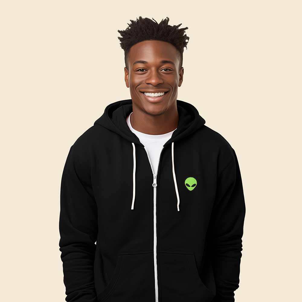 Dalix Alien Embroidered Zip Hoodie Fleece Long Sleeve Pocket Warm Soft Mens in Black 2XL XX-Large
