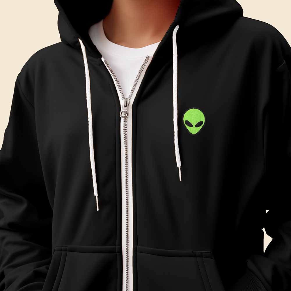 Dalix Alien Embroidered Zip Hoodie Fleece Long Sleeve Pocket Warm Soft Mens in Black 2XL XX-Large