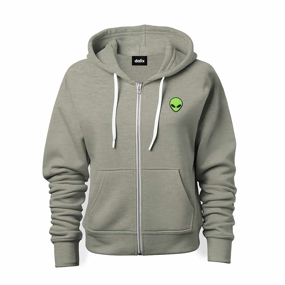 Dalix Alien Embroidered Zip Hoodie Fleece Long Sleeve Pocket Warm Soft Mens in Heather Stone 2XL XX-Large