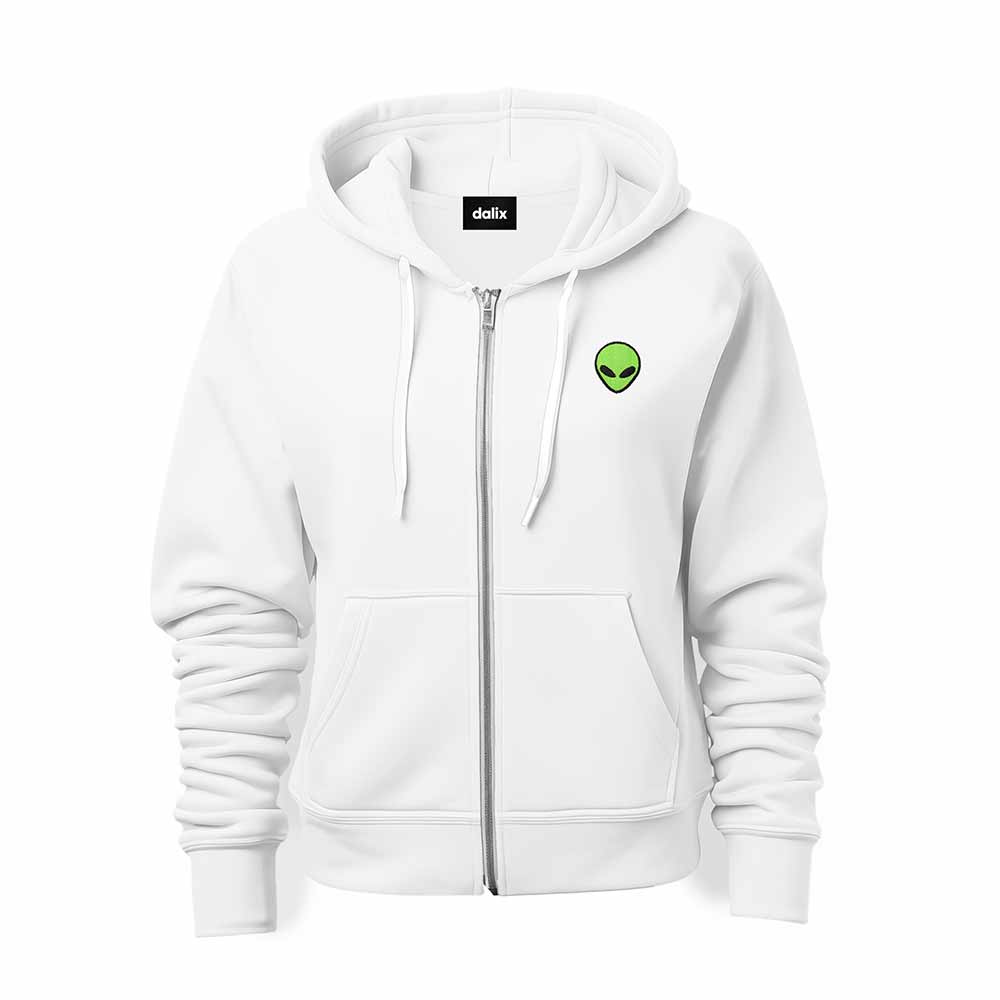 Dalix Alien Embroidered Zip Hoodie Fleece Long Sleeve Pocket Warm Soft Mens in White 2XL XX-Large