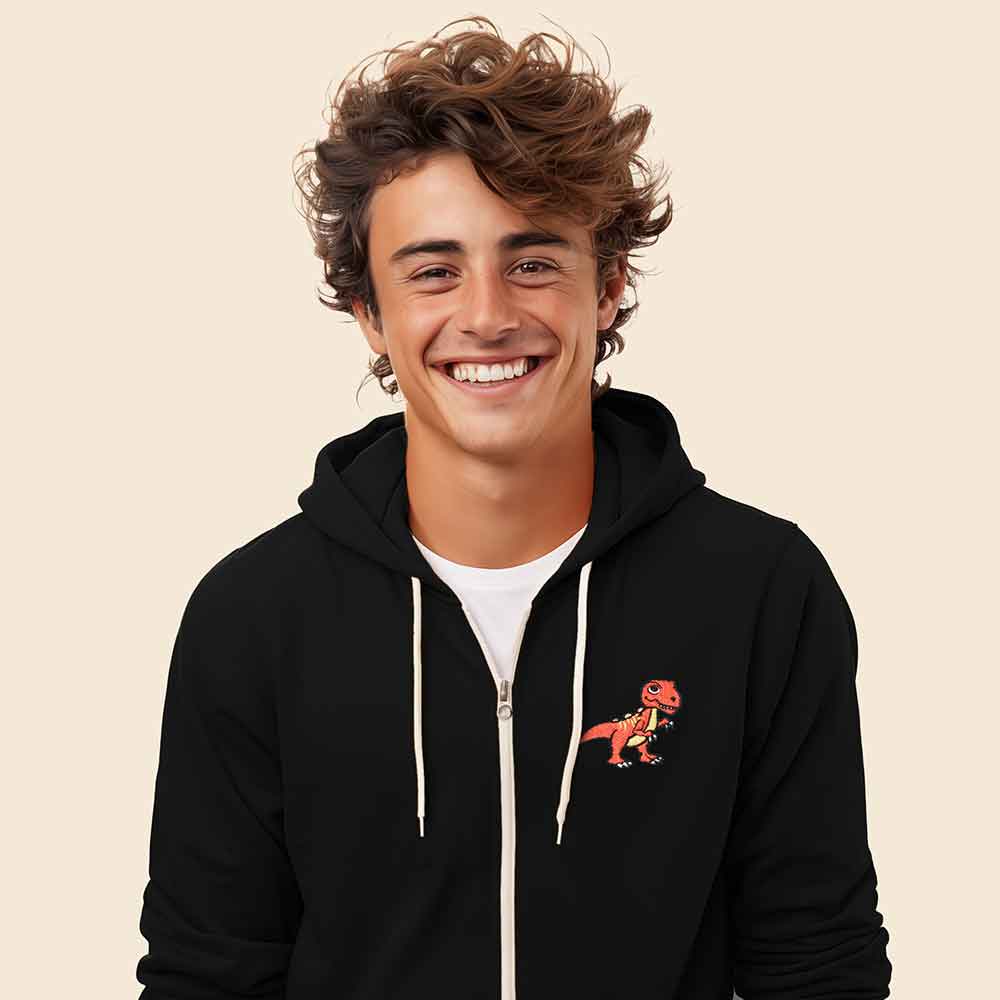Dalix Embroidered T-Rex Zip Hoodie Soft Fleece Hood Sweatshirt Mens in Maroon M Medium