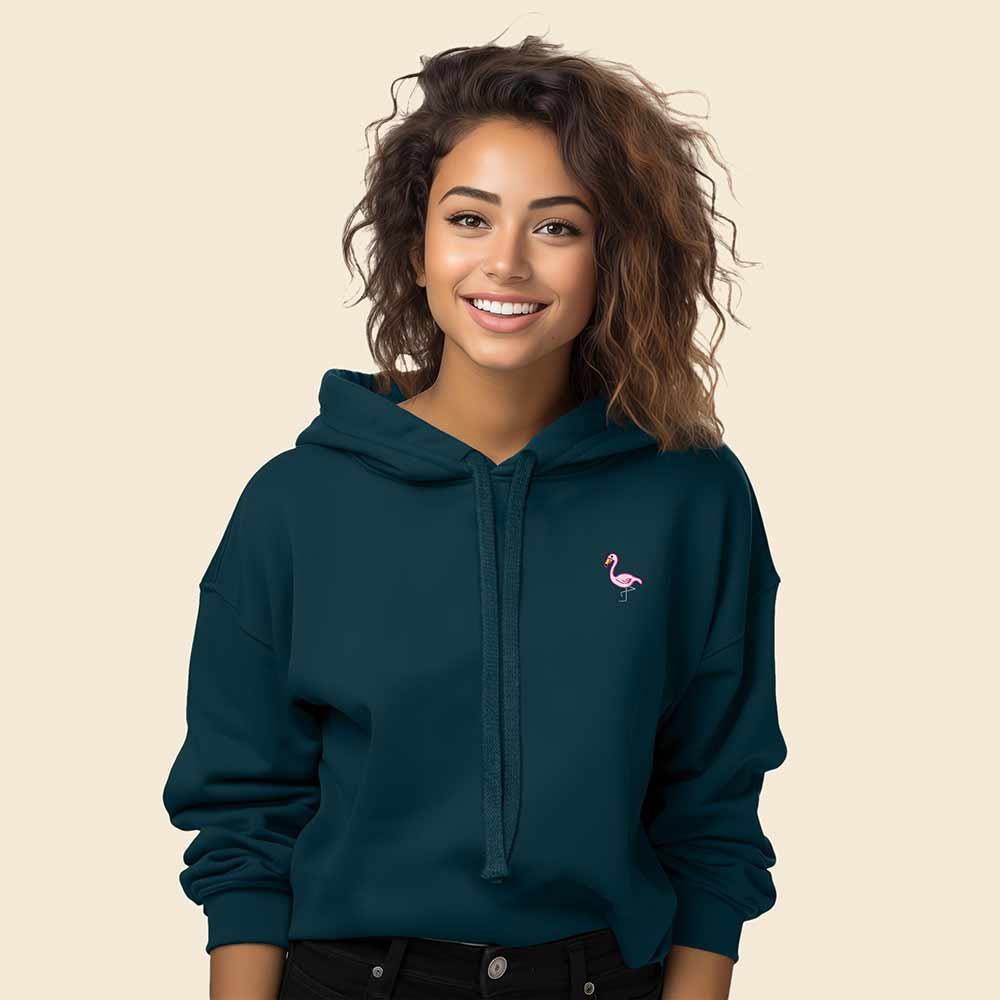 Dalix Flamingo Embroidered Fleece Cropped Hoodie Cold Fall Winter Women in Atlantic Green 2XL XX-Large