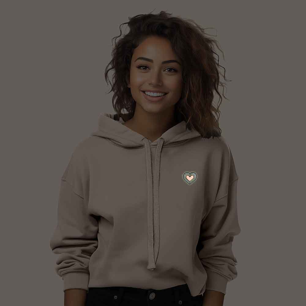 Dalix Heart Embroidered Fleece Cropped Hoodie Cold Fall Winter Women in Peach M Medium
