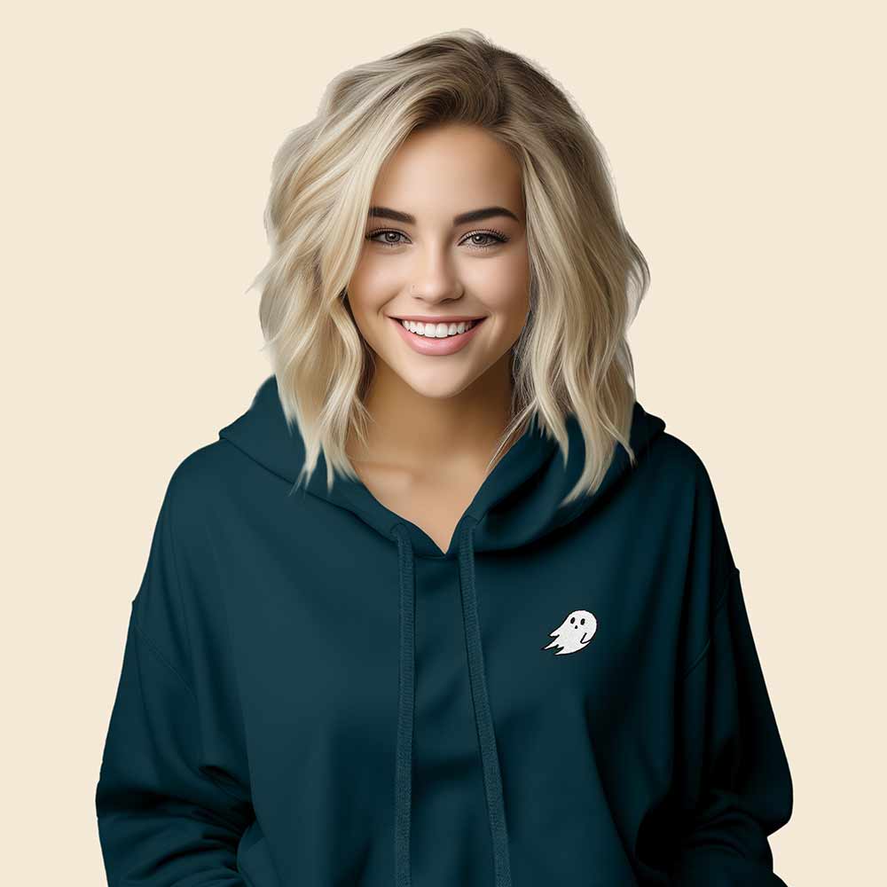Dalix Ghost Embroidered Fleece Zip Hoodie Cold Fall Winter Women in Atlantic Green 2XL XX-Large