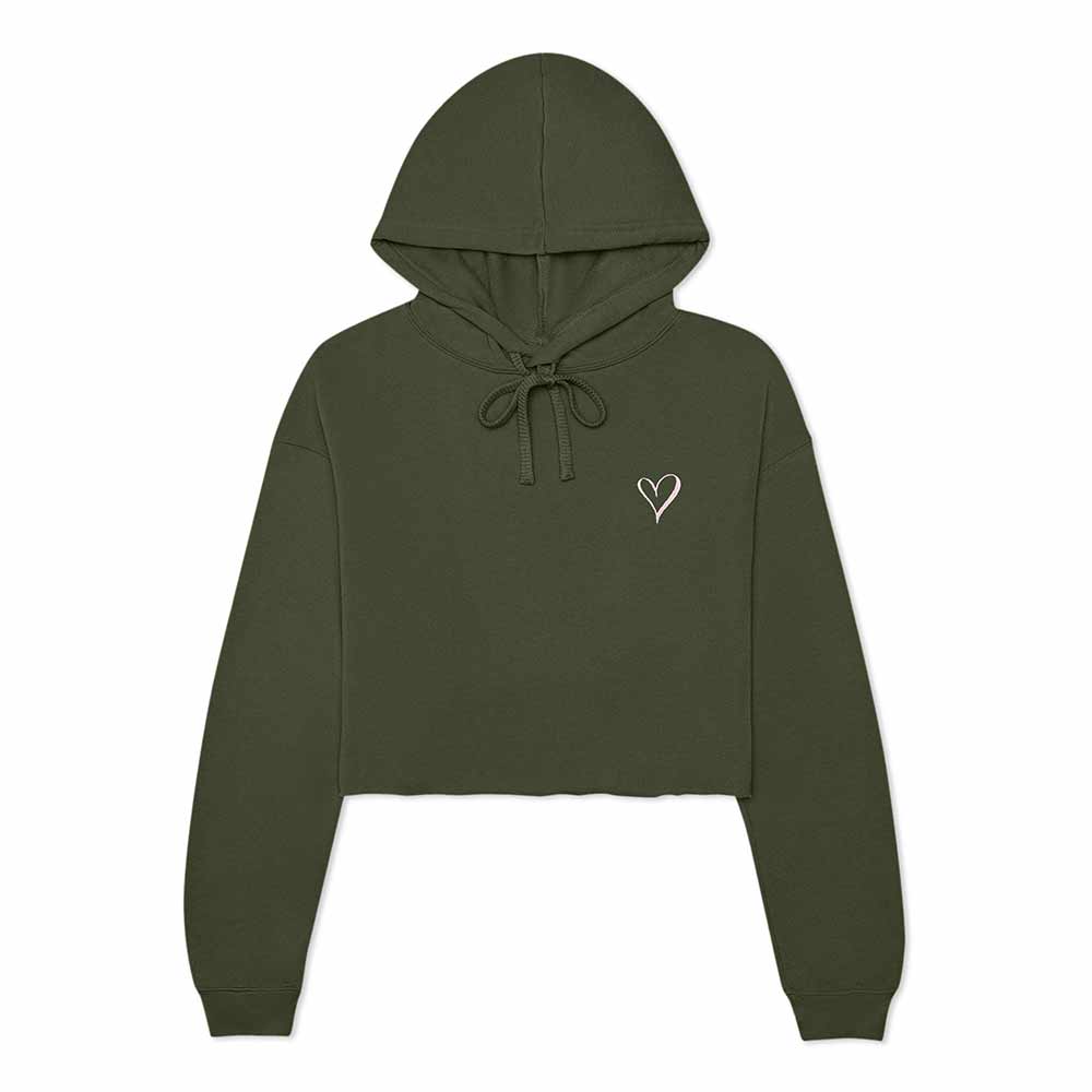 Dalix Heart Embroidered Fleece Cropped Hoodie Cold Fall Winter Women in Military Green 2XL XX-Large