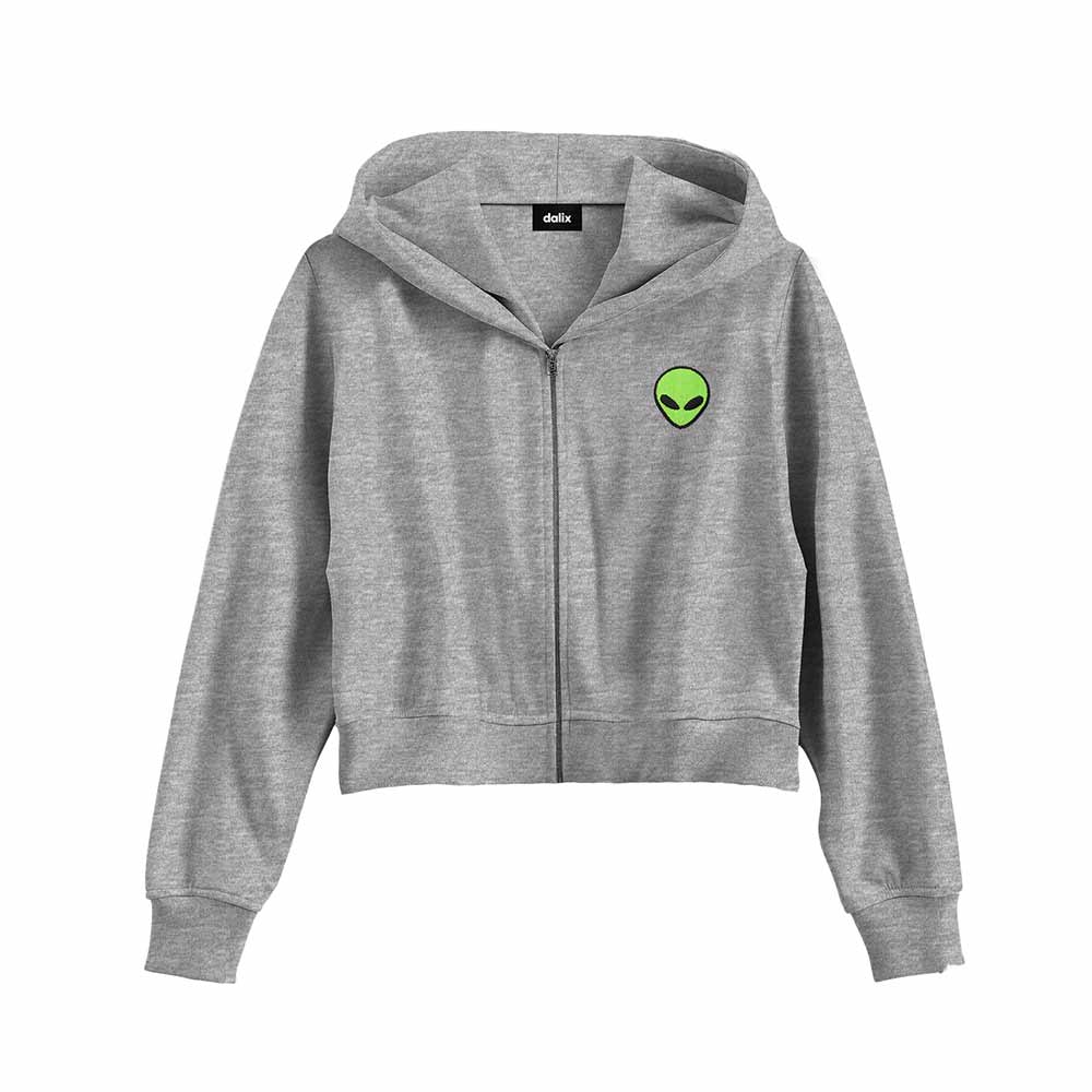 Dalix Alien Embroidered Fleece Cropped Zip Hoodie Cold Fall Winter Womens in Athletic Heather 2XL XX-Large