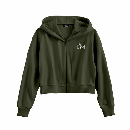 Dalix Be Kind Embroidered Fleece Cropped Zip Hoodie Cold Fall Winter Womens in Military Green 2XL XX-Large