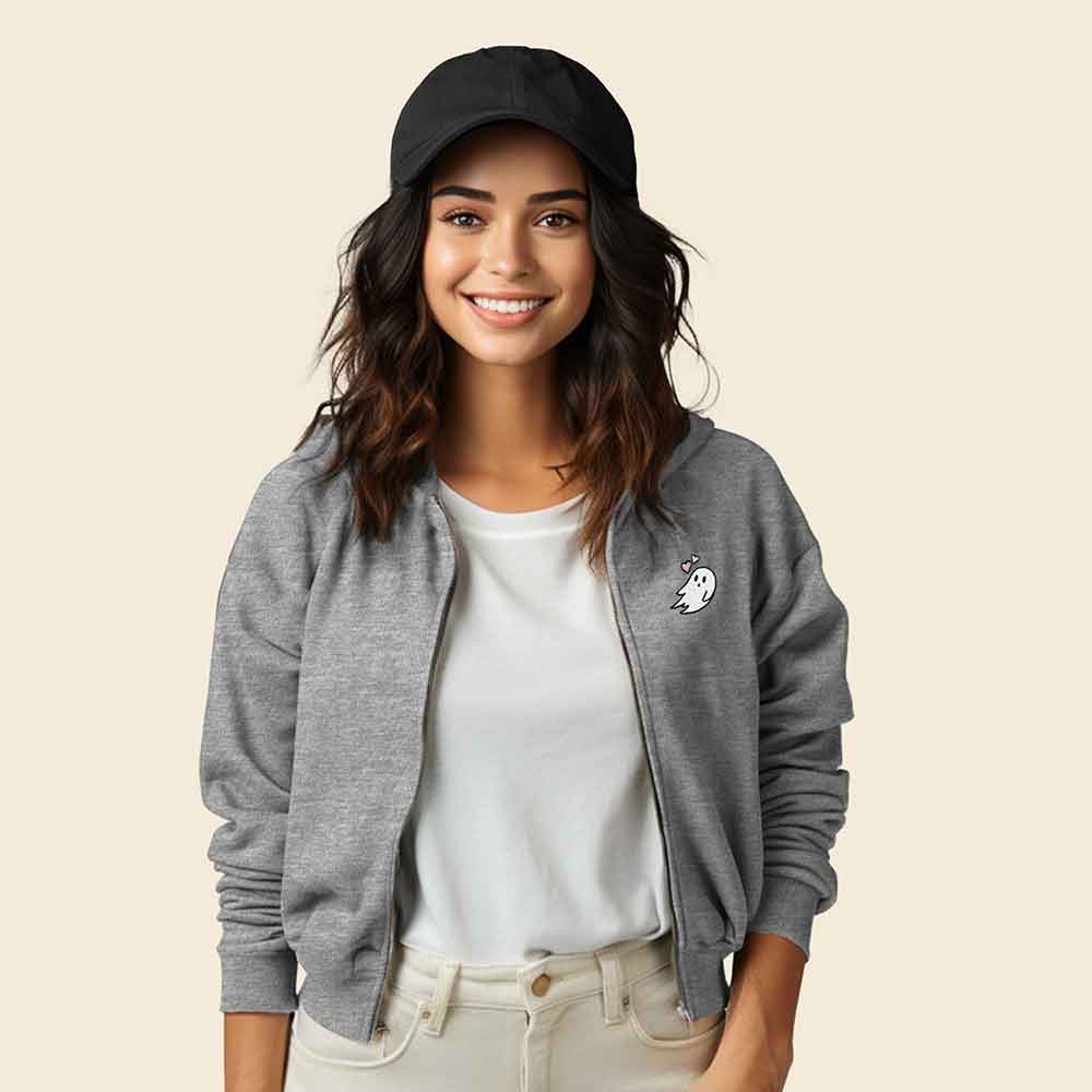 Dalix Heartly Ghost Embroidered Fleece Zip Hoodie Cold Fall Winter Women in Black S Small