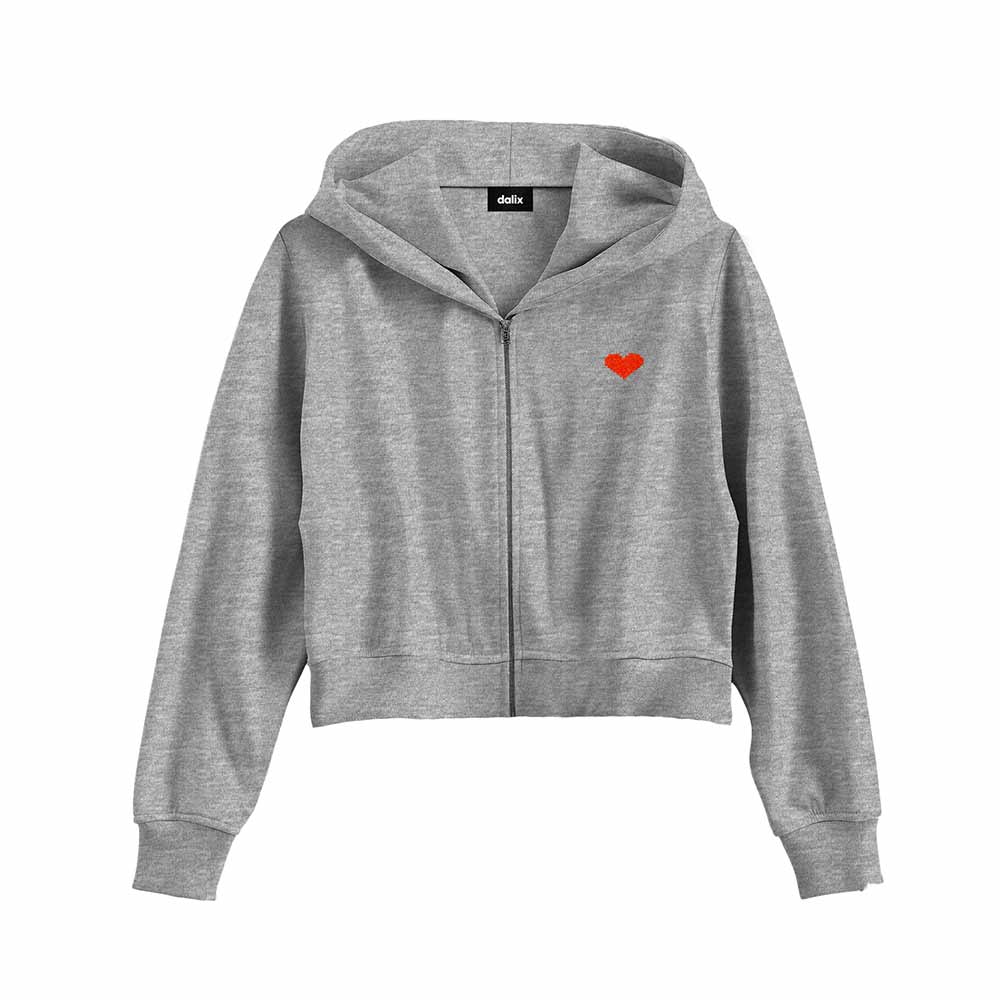 Dalix Pixel Heart Embroidered Fleece Cropped Zip Hoodie Cold Fall Winter Womens in Athletic Heather 2XL XX-Large