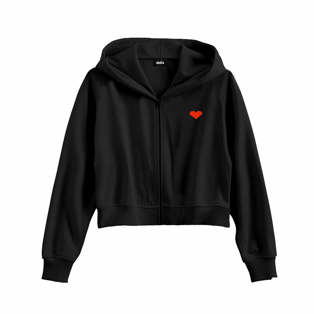 Dalix Pixel Heart Embroidered Fleece Cropped Zip Hoodie Cold Fall Winter Womens in Black 2XL XX-Large