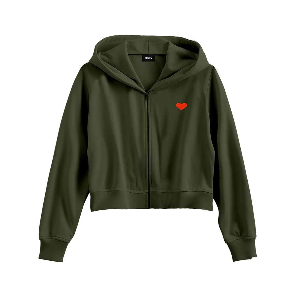 Dalix Pixel Heart Embroidered Fleece Cropped Zip Hoodie Cold Fall Winter Womens in Military Green 2XL XX-Large