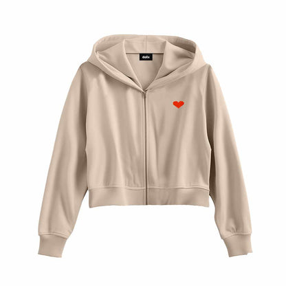 Dalix Pixel Heart Embroidered Fleece Cropped Zip Hoodie Cold Fall Winter Womens in Tan 2XL XX-Large