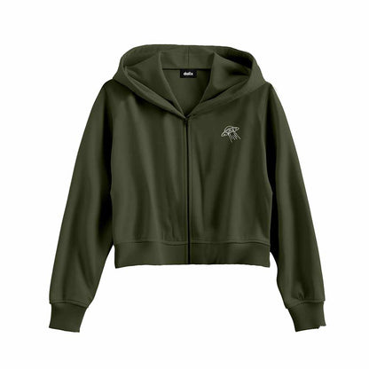 Dalix UFO Embroidered Fleece Cropped Zip Hoodie Cold Fall Winter Womens in Military Green 2XL XX-Large