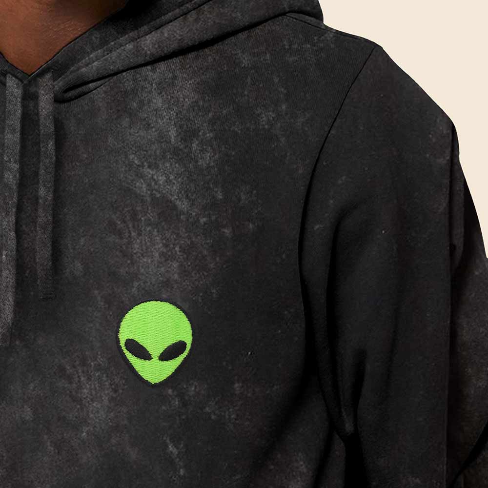 Dalix Alien Embroidered Fleece Hoodie Mineral Wash Long Sleeve Sweatshirt Mens in Black 2XL XX-Large