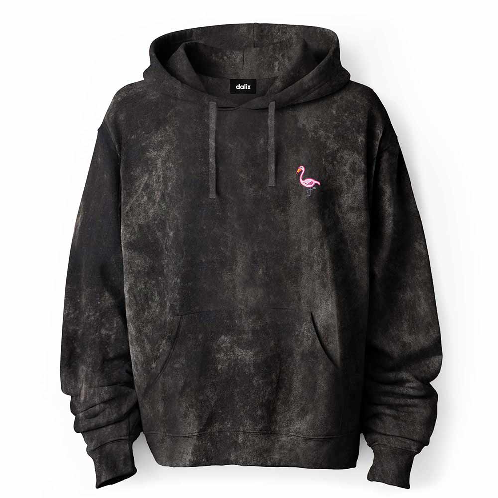 Dalix Flamingo Embroidered Fleece Hoodie Mineral Wash Long Sleeve Sweatshirt Mens in Black 2XL XX-Large