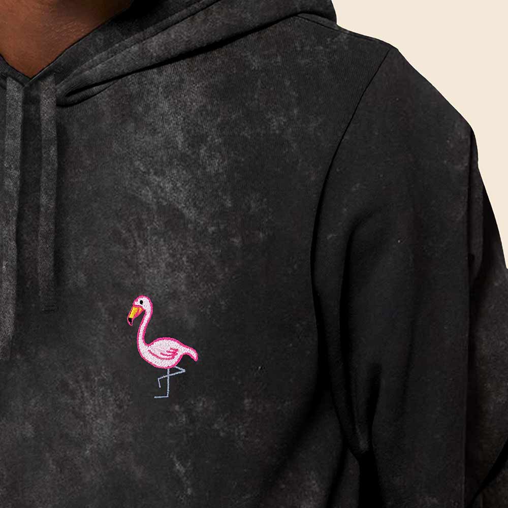 Dalix Flamingo Embroidered Fleece Hoodie Mineral Wash Long Sleeve Sweatshirt Mens in Black 2XL XX-Large