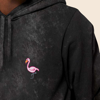 Dalix Flamingo Embroidered Fleece Hoodie Mineral Wash Long Sleeve Sweatshirt Mens in Black 2XL XX-Large