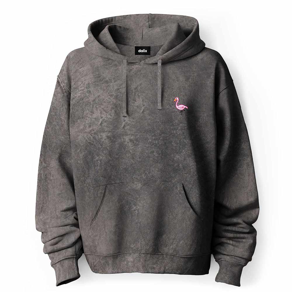 Dalix Flamingo Embroidered Fleece Hoodie Mineral Wash Long Sleeve Sweatshirt Mens in Gray 2XL XX-Large