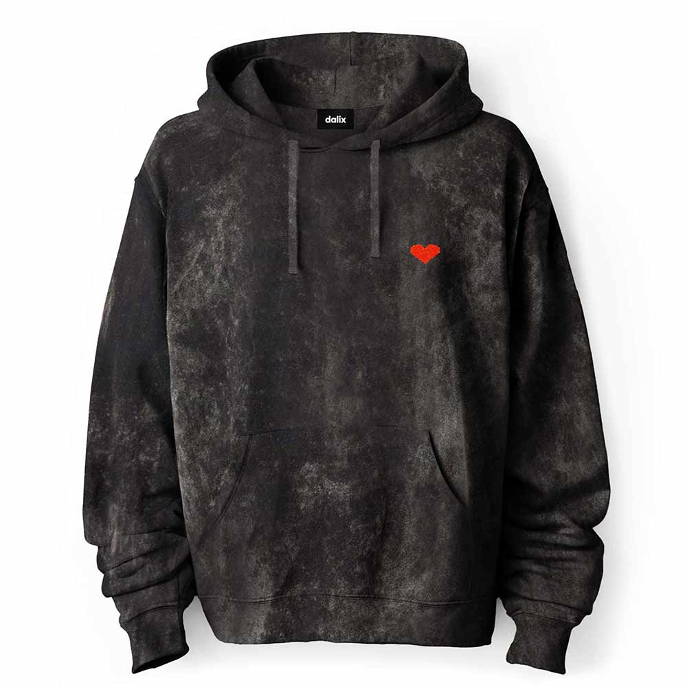 Dalix Pixel Heart Embroidered Fleece Hoodie Mineral Wash Long Sleeve Sweatshirt Mens in Black 2XL XX-Large