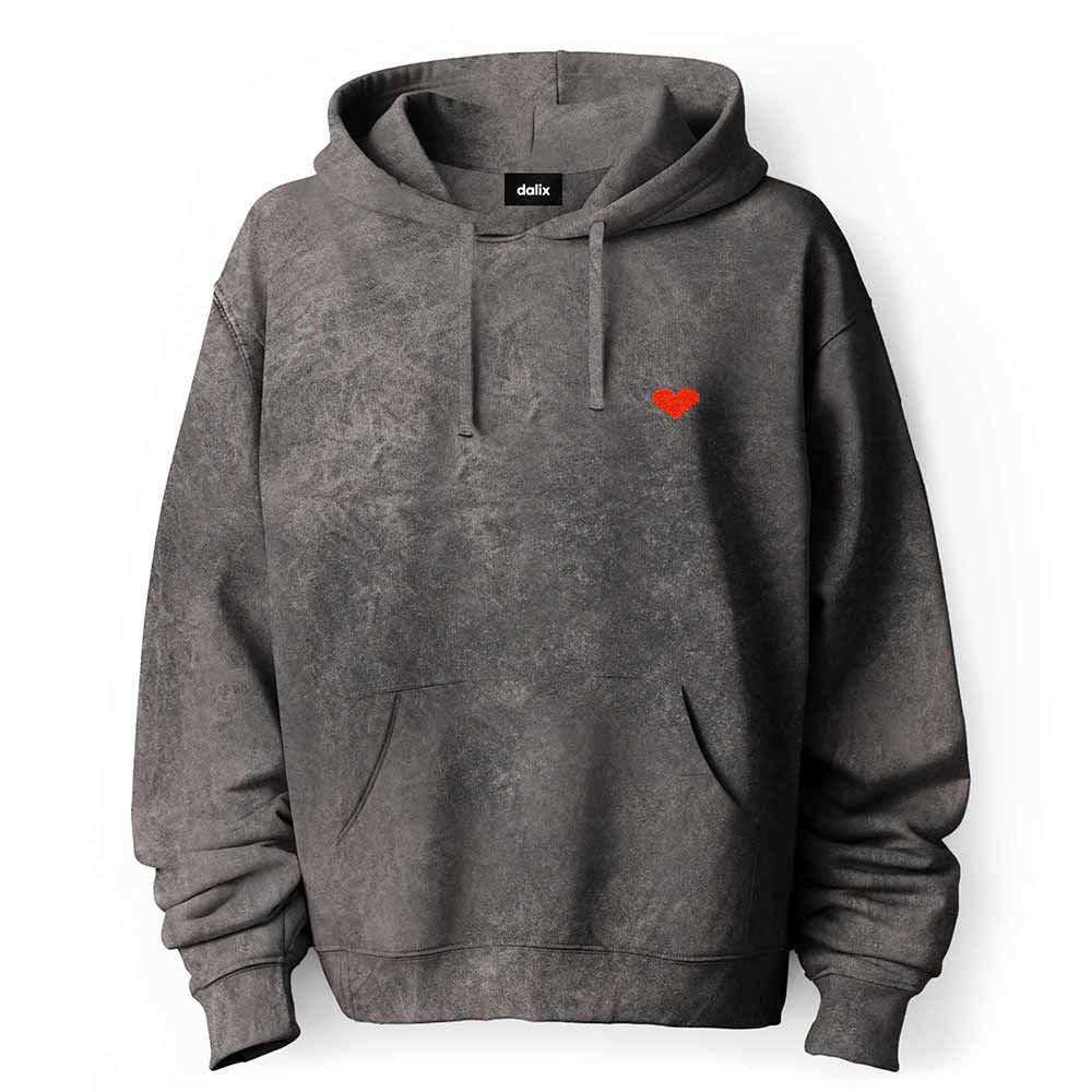 Dalix Pixel Heart Embroidered Fleece Hoodie Mineral Wash Long Sleeve Sweatshirt Mens in Gray 2XL XX-Large