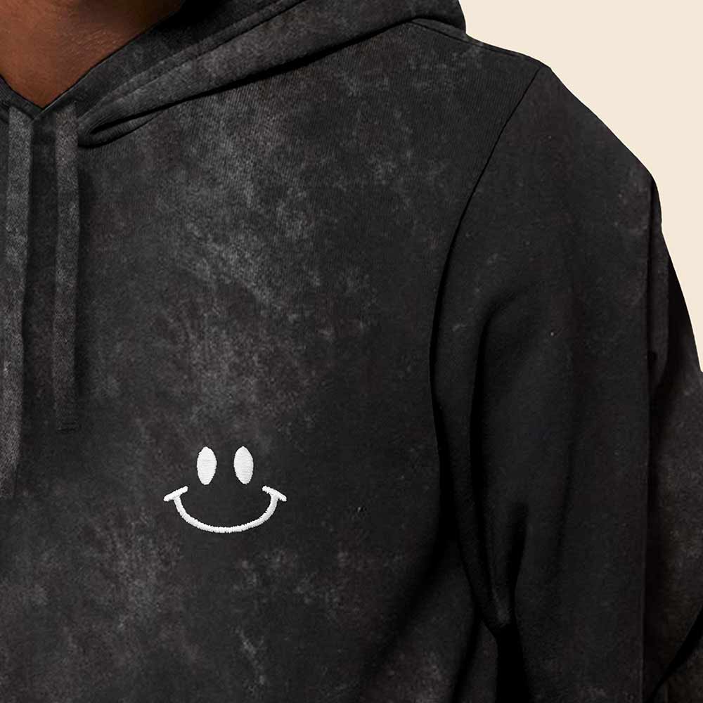 Dalix Smile Face Embroidered Fleece Hoodie Mineral Wash Long Sleeve Sweatshirt Mens in Black 2XL XX-Large