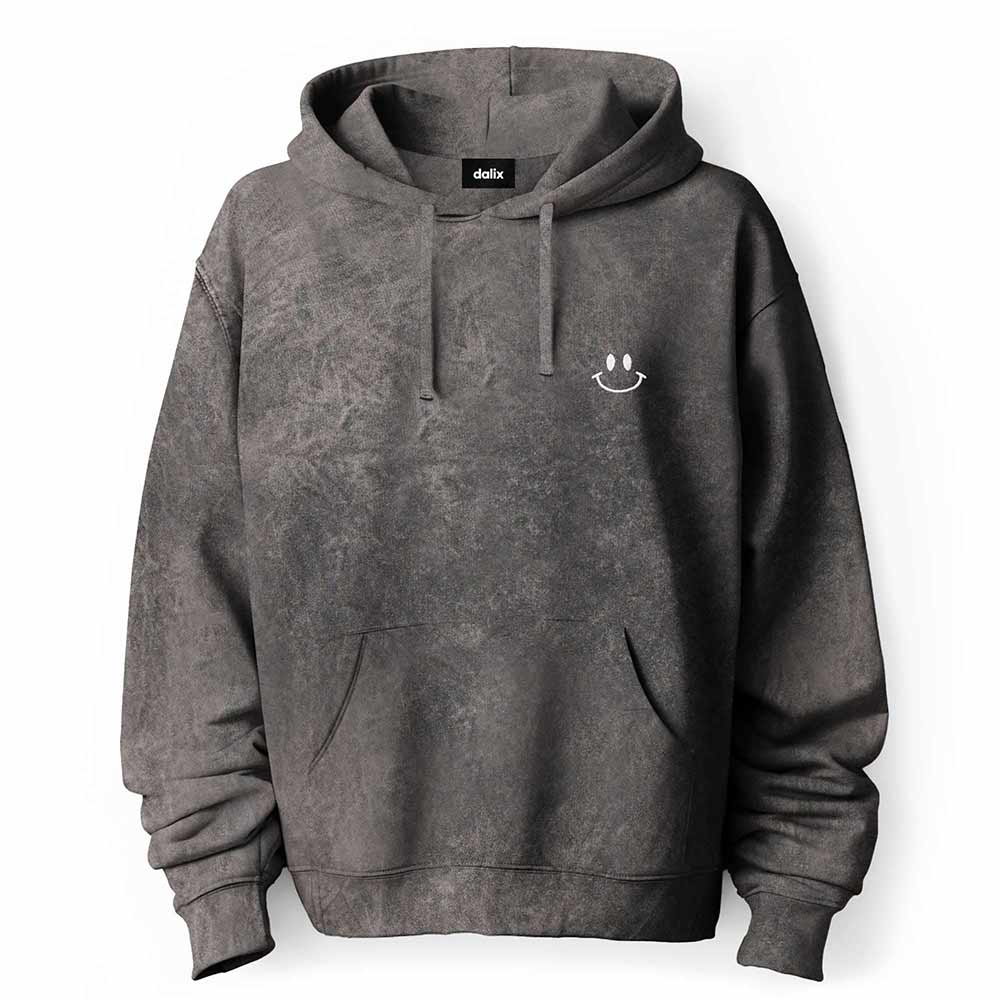 Dalix Smile Face Embroidered Fleece Hoodie Mineral Wash Long Sleeve Sweatshirt Mens in Gray 2XL XX-Large