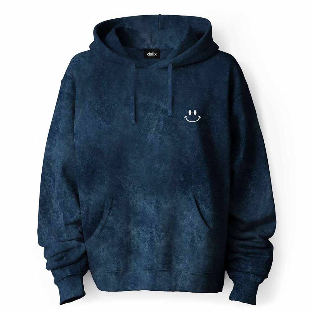Dalix Smile Face Embroidered Fleece Hoodie Mineral Wash Long Sleeve Sweatshirt Mens in Navy Blue 2XL XX-Large
