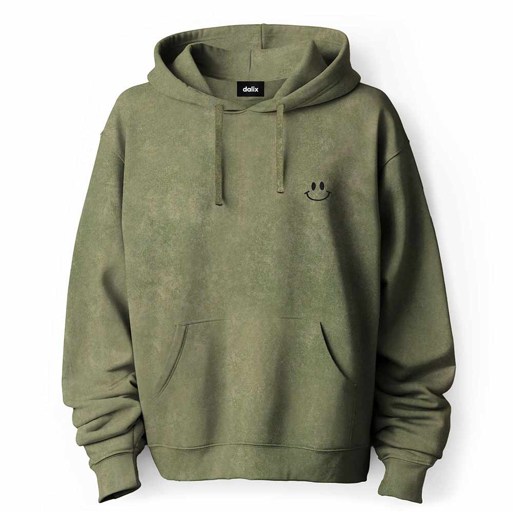 Dalix Smile Face Embroidered Fleece Hoodie Mineral Wash Long Sleeve Sweatshirt Mens in Olive 2XL XX-Large