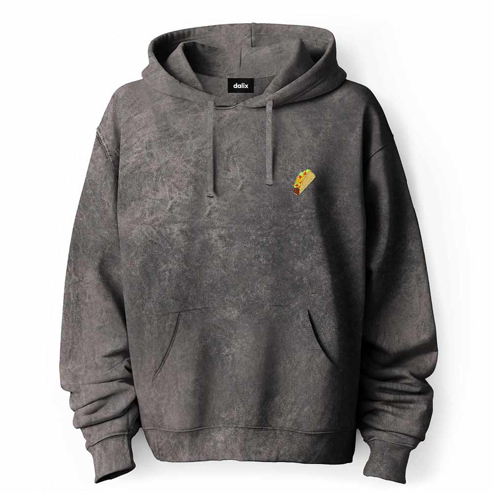 Dalix Taco Embroidered Fleece Hoodie Mineral Wash Long Sleeve Sweatshirt Mens in Gray 2XL XX-Large