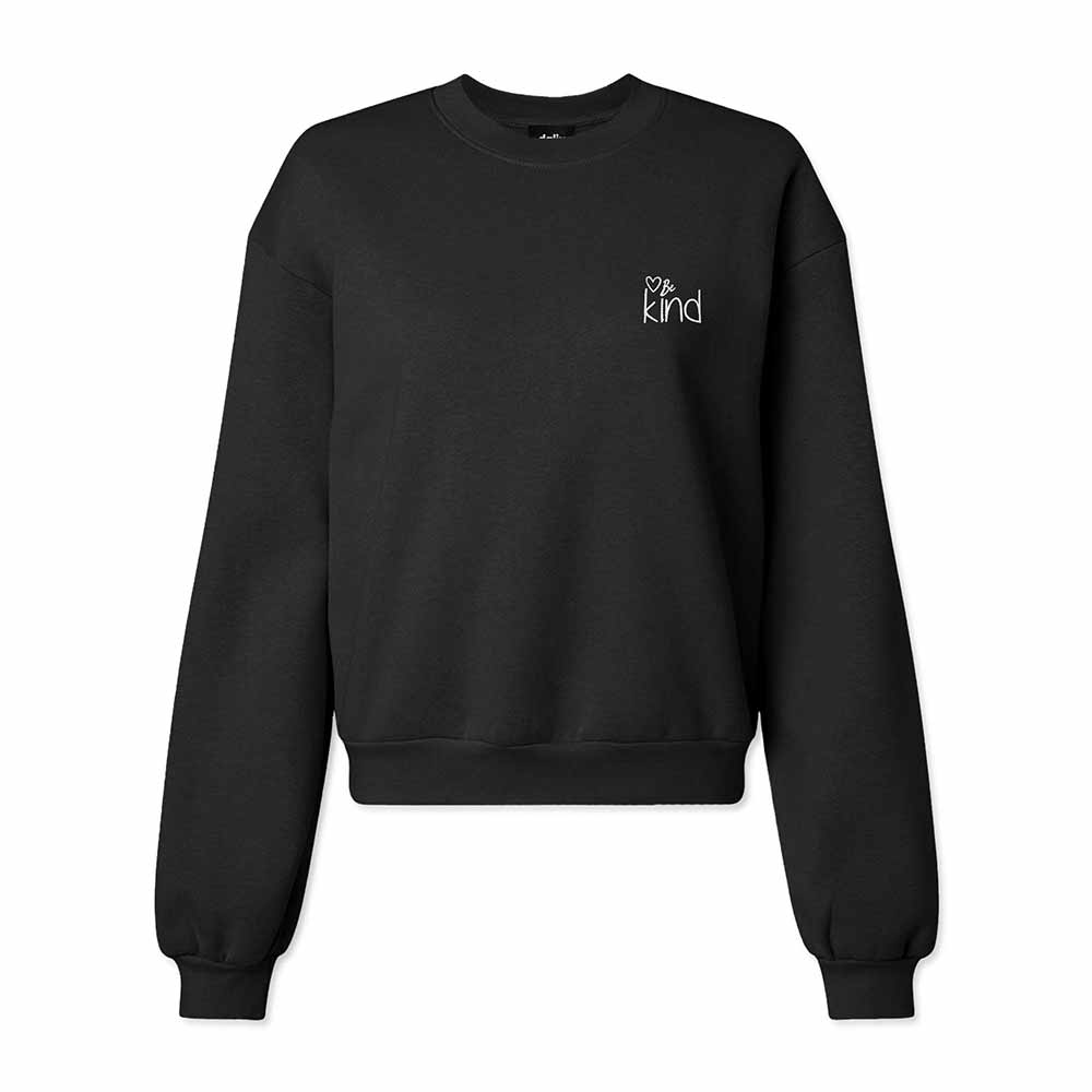 Dalix Be Kind Embroidered Fleece Relaxed Boxy Fit Long Sleeve Crewneck Sweatshirt Womens in Black 2XL XX-Large