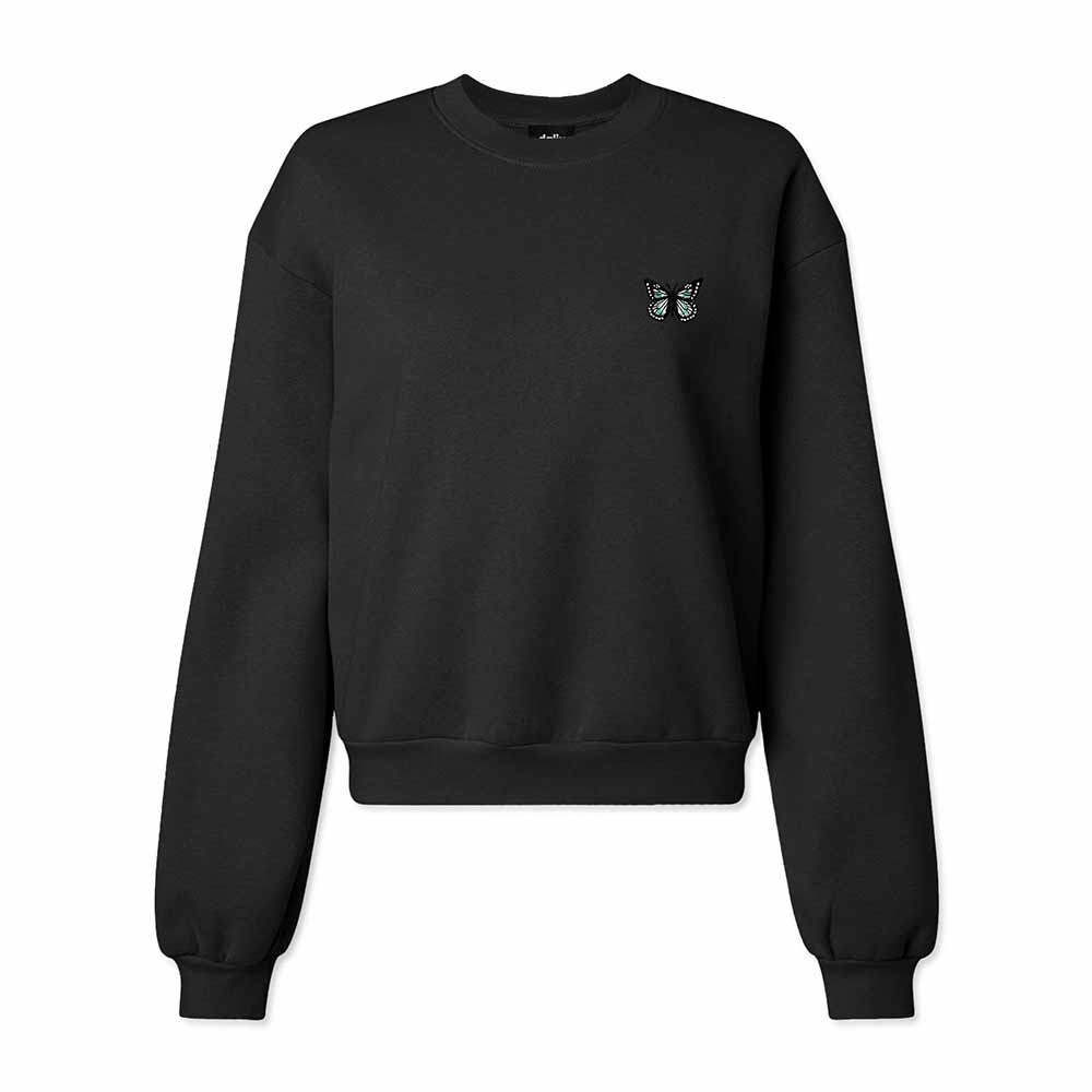 Dalix Butterfly Embroidered Fleece Relaxed Boxy Fit Long Sleeve Crewneck Sweatshirt Womens in Black 2XL XX-Large