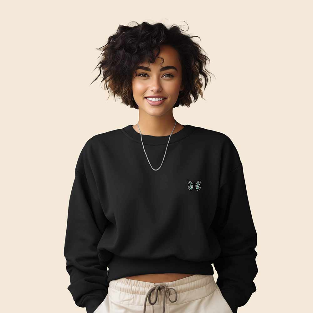 Dalix Butterfly Embroidered Fleece Relaxed Boxy Fit Long Sleeve Crewneck Sweatshirt Womens in Black 2XL XX-Large