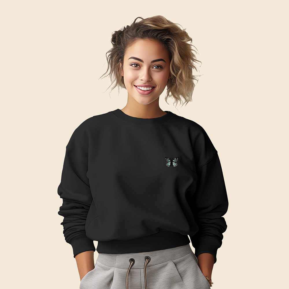 Dalix Butterfly Embroidered Fleece Relaxed Boxy Fit Long Sleeve Crewneck Sweatshirt Womens in Black 2XL XX-Large