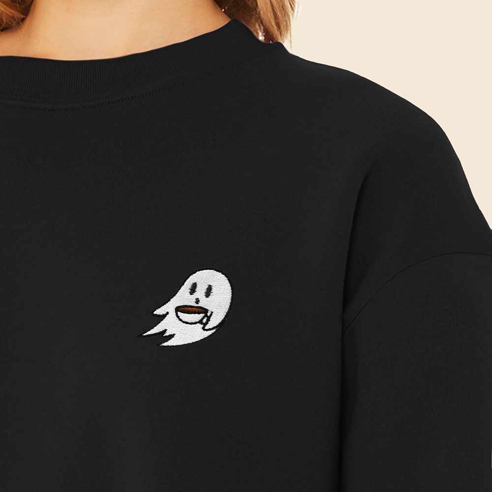 Dalix Spooke-a-Latte Ghost Sweatshirt Embroidered Coffee Fleece Long Sleeve Womens in Black 2XL XX-Large
