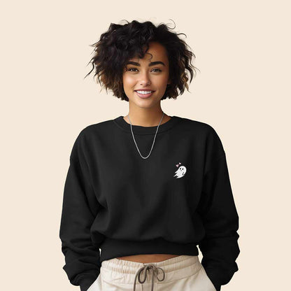 Dalix Heartly Ghost Embroidered Fleece Relaxed Boxy Fit Long Sleeve Crewneck Sweatshirt Womens in Black 2XL XX-Large