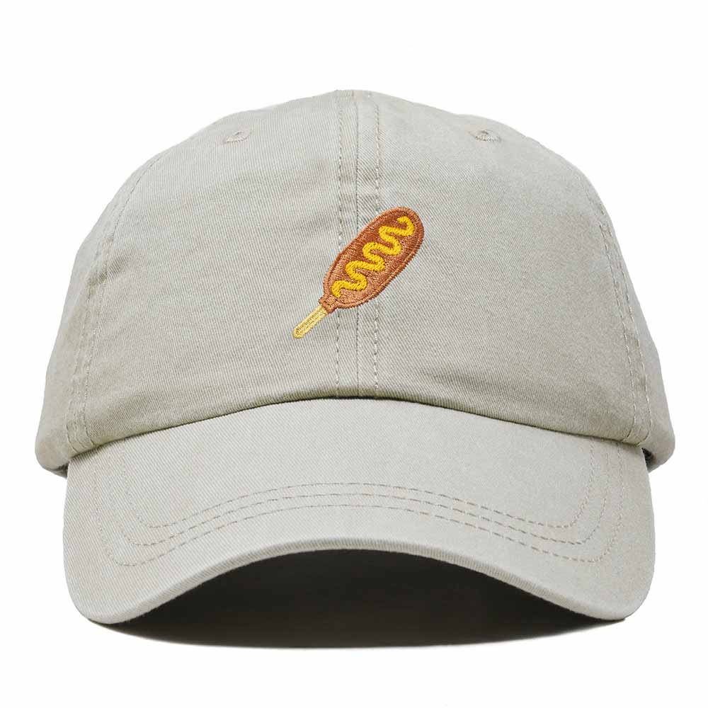 Dalix Corn Dog Embroidered Cotton Dad Hat Food Adjustable Baseball Cap Summer Outdoor Unisex Mens Womens in Washed Stone White