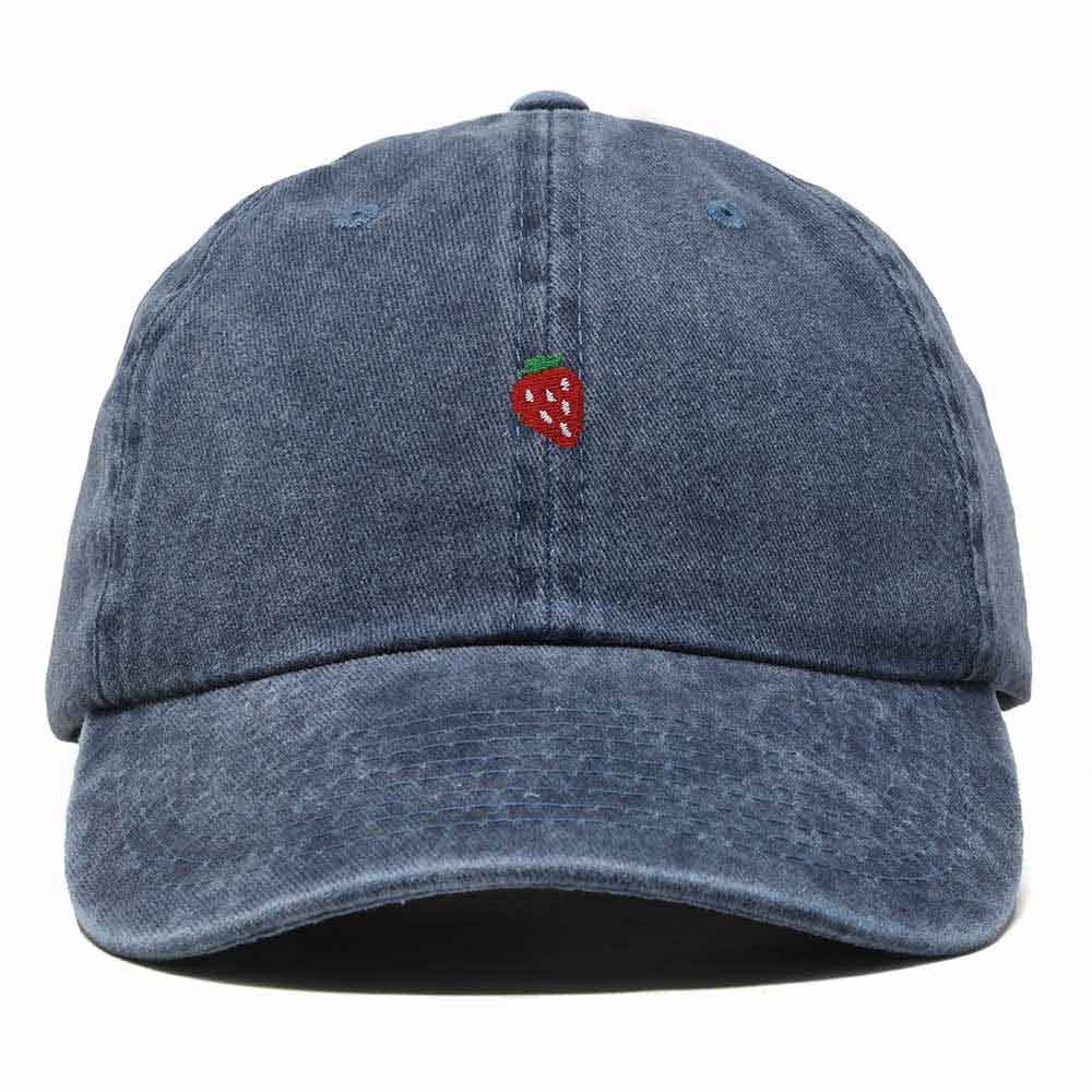 Dalix Lil Strawberry Embroidered Cotton Summer Outdoor Baseball Cap Dad Hat Womens in Washed Navy Blue