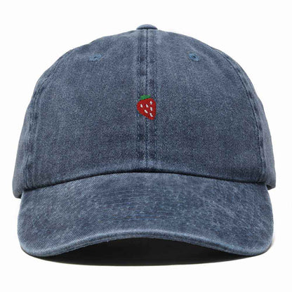 Dalix Lil Strawberry Embroidered Cotton Summer Outdoor Baseball Cap Dad Hat Womens in Washed Navy Blue