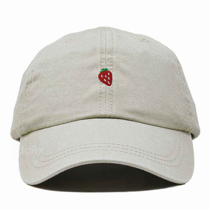 Dalix Lil Strawberry Embroidered Cotton Summer Outdoor Baseball Cap Dad Hat Womens in Washed Stone White