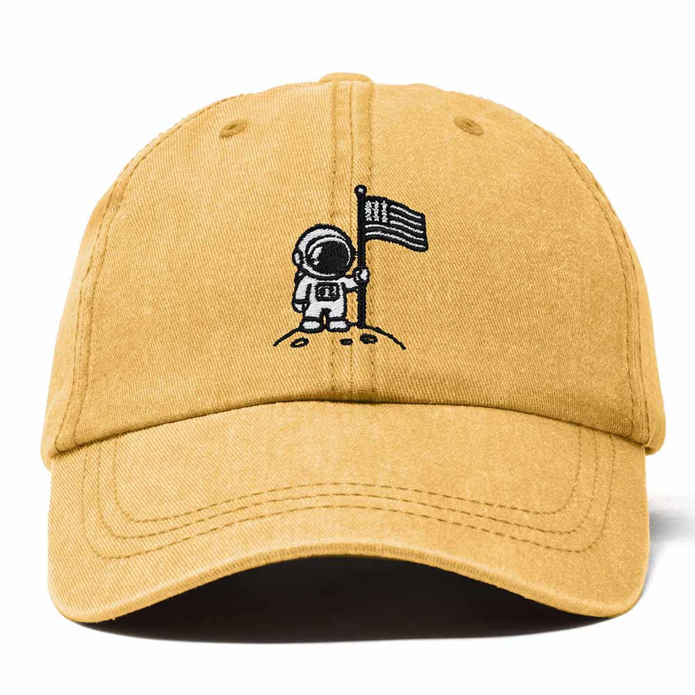 Dalix Moon Mission USA Flag Embroidered Dad Hat Adjustable Cotton Baseball Cap Unstructured Low Profile Everyday Americana Hat Mens in Washed Gold