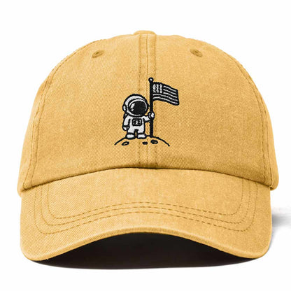 Dalix Moon Mission USA Flag Embroidered Dad Hat Adjustable Cotton Baseball Cap Unstructured Low Profile Everyday Americana Hat Mens in Washed Gold