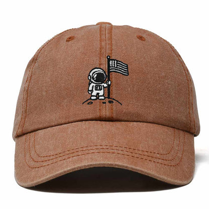 Dalix Moon Mission USA Flag Embroidered Dad Hat Adjustable Cotton Baseball Cap Unstructured Low Profile Everyday Americana Hat Mens in Washed Orange