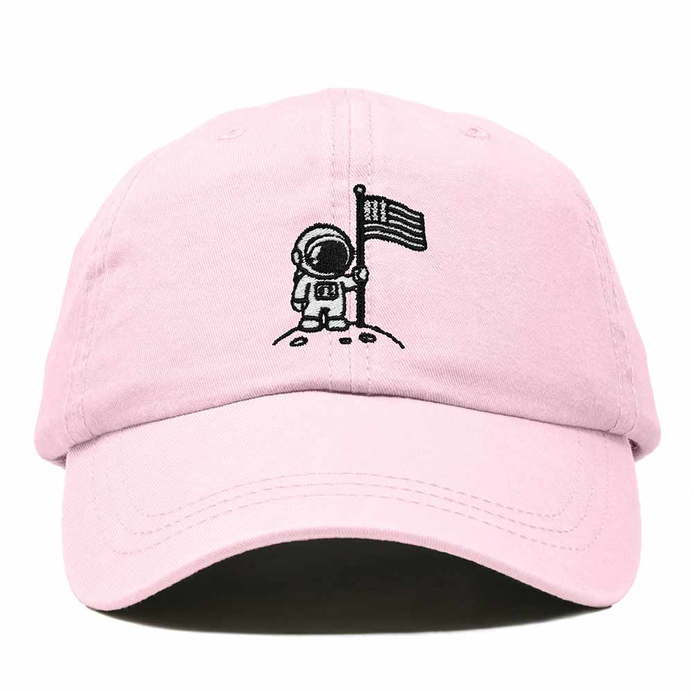 Dalix Moon Mission USA Flag Embroidered Dad Hat Adjustable Cotton Baseball Cap Unstructured Low Profile Everyday Americana Hat Mens in Washed Pink